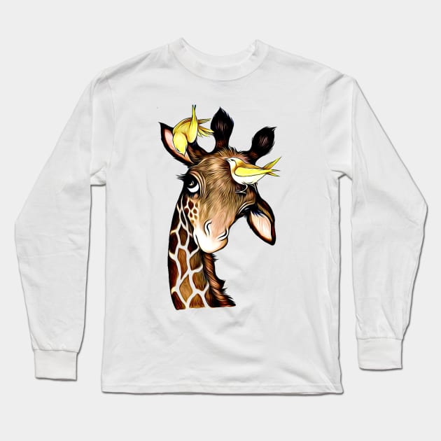 Adorable Giraffe with Birds Gift for Giraffe Lovers Long Sleeve T-Shirt by xena